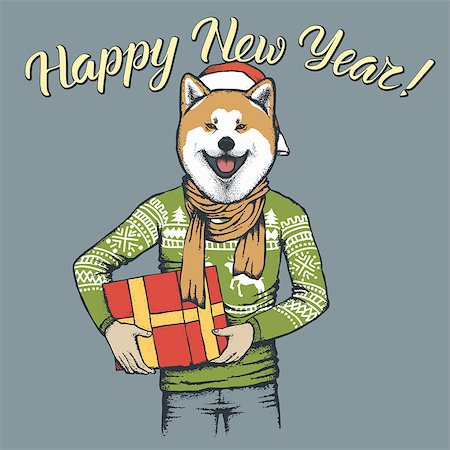 Akita dog vector Christmas concept. Illustration of dog  in human sweatshirt with gift in his hads celebrating new year Stock Photo - Budget Royalty-Free & Subscription, Code: 400-09084626
