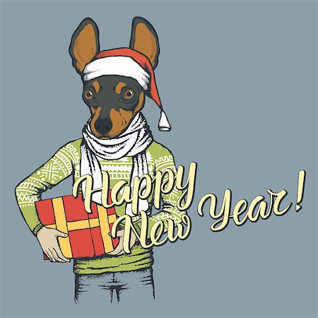 fashion dog cartoon - Dog toy terrier  vector Christmas concept. Illustration of dog  in human sweatshirt with gift in his hads celebrating new year Stock Photo - Budget Royalty-Free & Subscription, Code: 400-09084627