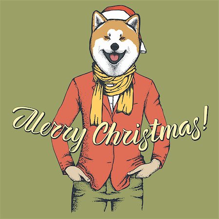 Akita dog vector Christmas concept. Illustration of dog  in human suit celebrating new year Stock Photo - Budget Royalty-Free & Subscription, Code: 400-09084629