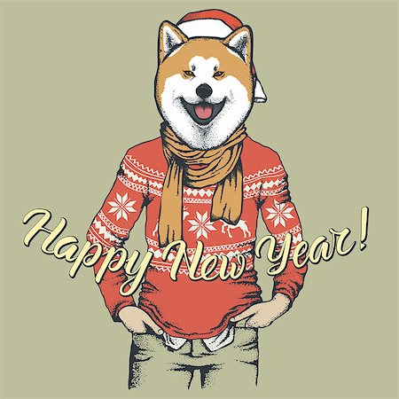 Akita dog vector Christmas concept. Illustration of dog  in human sweatshirt celebrating new year Stock Photo - Budget Royalty-Free & Subscription, Code: 400-09084623