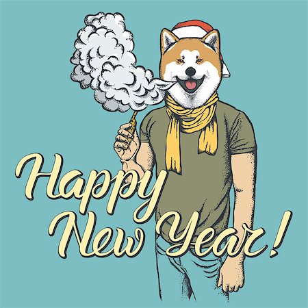 Akita dog vector Christmas concept. Dog smoking or vaping an electronic cigarette celebrating new year Stock Photo - Budget Royalty-Free & Subscription, Code: 400-09084634