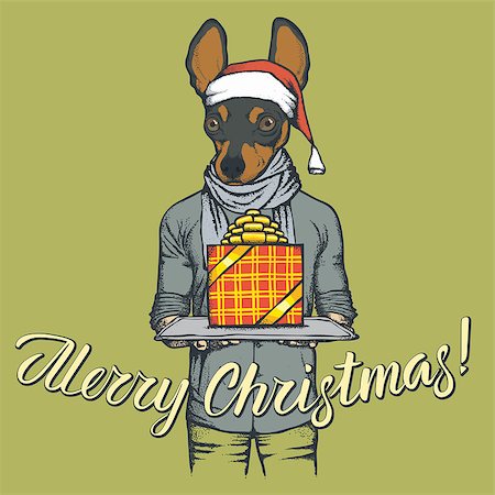 fashion dog cartoon - Dog toy terrier  vector Christmas concept. Illustration of dog in human suit celebrating new year Stock Photo - Budget Royalty-Free & Subscription, Code: 400-09084636