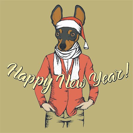 fashion dog cartoon - Dog toy terrier  vector Christmas concept. Illustration of dog  in human suit celebrating new year Stock Photo - Budget Royalty-Free & Subscription, Code: 400-09084630