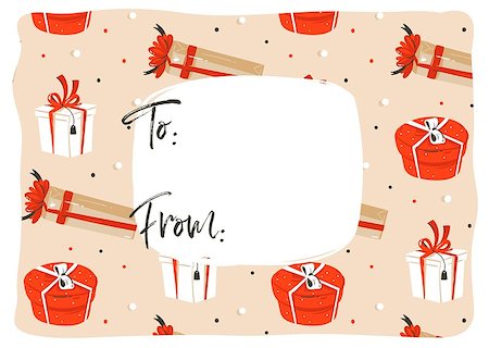 simsearch:400-08349890,k - Hand drawn vector abstract fun Merry Christmas time cartoon illustration greeting tag with many colorful surprise gift boxes and modern rough xmas calligraphy isolated on craft paper background. Stock Photo - Budget Royalty-Free & Subscription, Code: 400-09084644
