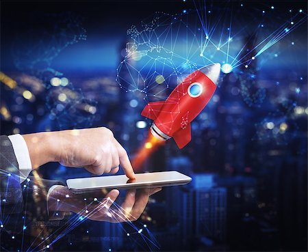 simsearch:400-09112433,k - Businessman launches rocket from the mobile phone. 3D Rendering Stockbilder - Microstock & Abonnement, Bildnummer: 400-09084727