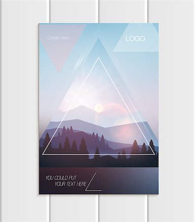 Stock vector brochure A4 or A5 format design business template with abstract triangles and mountain landscape at sunset, dawn background for ecology printed material, element corporate style cover Foto de stock - Super Valor sin royalties y Suscripción, Código: 400-09084776