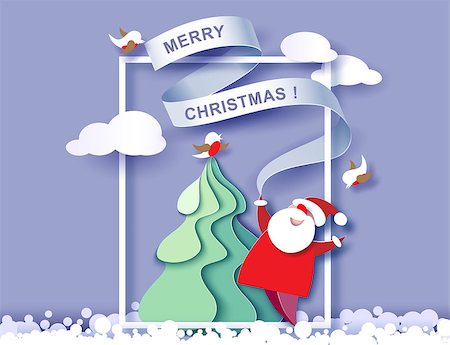Color paper cut design and craft winter landscape with evergreen tree, reindeer, Santa, clouds. Holiday nature and christmas tree. Vector illustration. Merry Christmas card. Stock Photo - Budget Royalty-Free & Subscription, Code: 400-09084784