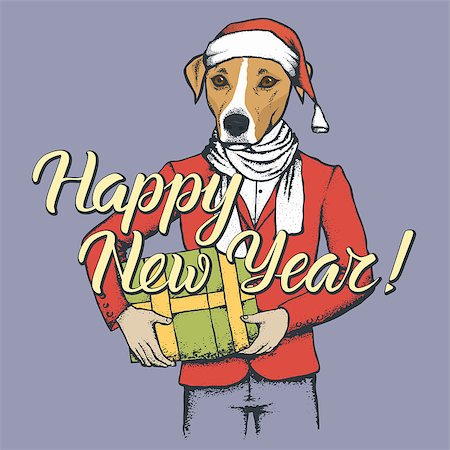 fashion dog cartoon - Russell Terrier Dog vector Christmas concept. Illustration of dog  in human suit with gift in his hads celebrating new year Stock Photo - Budget Royalty-Free & Subscription, Code: 400-09084936