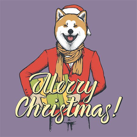 Akita dog vector Christmas concept. Illustration of dog  in human suit with gift in his hads celebrating new year Stock Photo - Budget Royalty-Free & Subscription, Code: 400-09084937