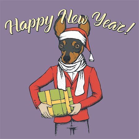 fashion dog cartoon - Dog toy terrier  vector Christmas concept. Illustration of dog  in human suit with gift in his hads celebrating new year Stock Photo - Budget Royalty-Free & Subscription, Code: 400-09084938