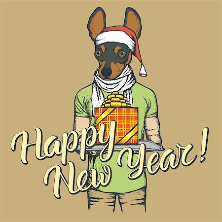 fashion dog cartoon - Dog toy terrier  vector Christmas concept. Illustration of dog in human suit celebrating new year Stock Photo - Budget Royalty-Free & Subscription, Code: 400-09084944