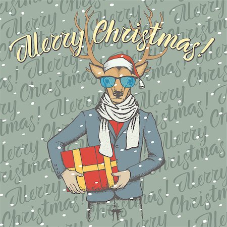steampunk - Christmas Deer vector illustration. Reindeer in human suit with gift and lettering merry Christmas Stock Photo - Budget Royalty-Free & Subscription, Code: 400-09084948