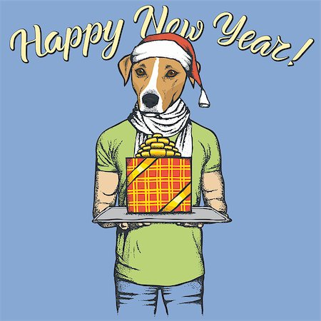 fashion dog cartoon - Russell Terrier Dog vector Christmas concept. Illustration of dog in human suit celebrating new year Stock Photo - Budget Royalty-Free & Subscription, Code: 400-09084942