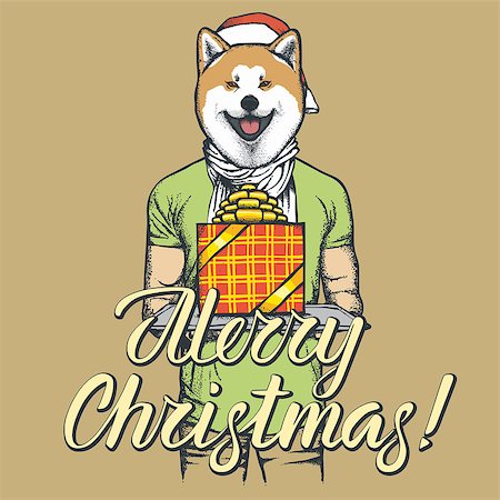 Akita dog vector Christmas concept. Illustration of dog in human suit celebrating new year Stock Photo - Budget Royalty-Free & Subscription, Code: 400-09084943
