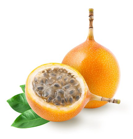 passiflora - Granadilla or grenadia passion fruit with leaves isolated on white background. Clipping path included Stock Photo - Budget Royalty-Free & Subscription, Code: 400-09084967