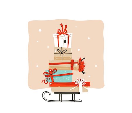 simsearch:400-09142612,k - Hand drawn vector abstract fun Merry Christmas shopping time cartoon greeting illustration card design with many colorful surprise gift boxes on sleigh isolated on white background. Stockbilder - Microstock & Abonnement, Bildnummer: 400-09084977