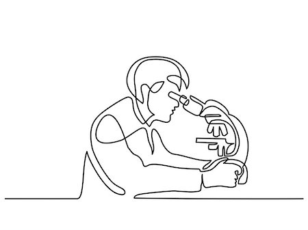 Scientist man looking through microscope in laboratory. Continuous line drawing. Vector illustration on white background Photographie de stock - Aubaine LD & Abonnement, Code: 400-09085063