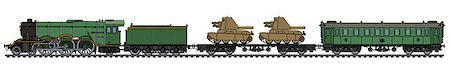 The hand drawing of a vintage military steam train with two sand armored vehicles Stock Photo - Budget Royalty-Free & Subscription, Code: 400-09085075