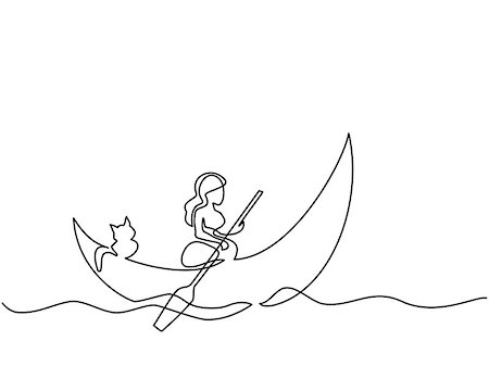 Continuous line drawing. Girl with cat on dinghy moon. Vector illustration Stock Photo - Budget Royalty-Free & Subscription, Code: 400-09085175