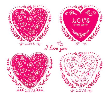artistic set of hand drawn hearts with flowers, butterflies and decorative elements Stock Photo - Budget Royalty-Free & Subscription, Code: 400-09088367