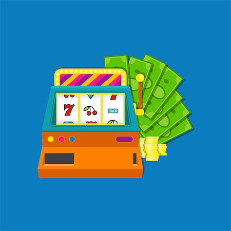 Slot machine flat vector illustration with bundle of cash aid coins. Colored on blue background. EPS10 Stock Photo - Budget Royalty-Free & Subscription, Code: 400-09088469