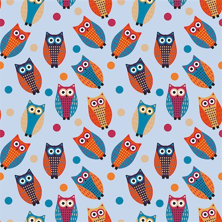 Cute owl kids seamless pattern, vintage style. Funny birds endless baby background. Vector illustration Stock Photo - Budget Royalty-Free & Subscription, Code: 400-09088897