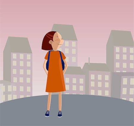 fakes_designer (artist) - Cute girl in uniform going to school with backpack in the morning, vector illustration, banner Stockbilder - Microstock & Abonnement, Bildnummer: 400-09088930