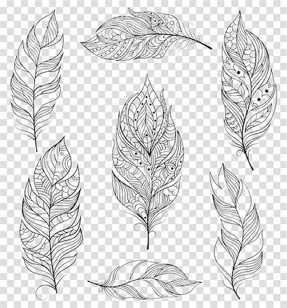 Set of black feathers on transparent background. Temporary tattoo for kids.Vector illustration. Stock Photo - Budget Royalty-Free & Subscription, Code: 400-09089062