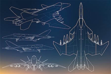 Set of military jet fighter silhouettes. Image of aircraft in contour drawing lines. Stock Photo - Budget Royalty-Free & Subscription, Code: 400-09089072