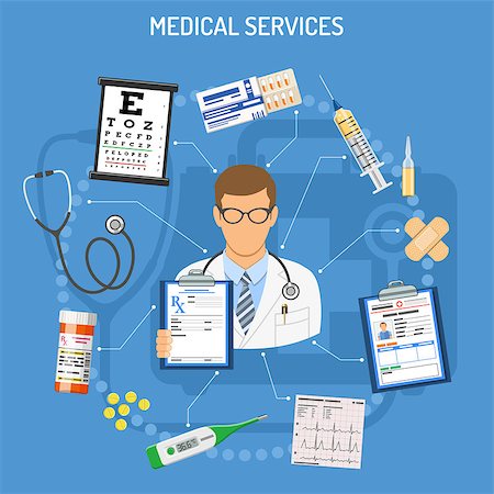 Medical Services Concept with flat icons doctor, prescription, stethoscope, medical record, syringe,  sight table. isolated vector illustration Foto de stock - Royalty-Free Super Valor e Assinatura, Número: 400-09089166