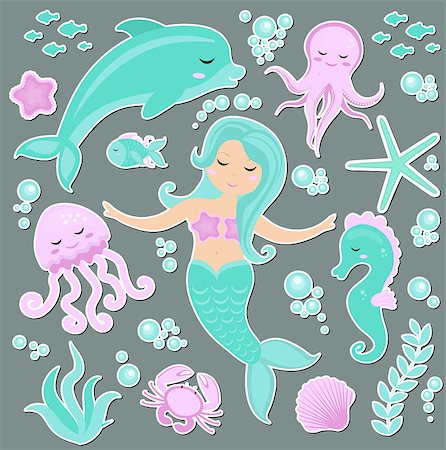 Cute trendy set of stickers emoji, patches badges Little Mermaid and the underwater world. Fairytale princess mermaid and dolphin, octopus, fish, jellyfish. Vector illustration Stock Photo - Budget Royalty-Free & Subscription, Code: 400-09089202