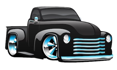 funny truck transport - Classic vintage hot rod American muscle pick-up truck cartoon illustration, big rims and tires, shiny paint, lots of chrome. Stock Photo - Budget Royalty-Free & Subscription, Code: 400-09089258