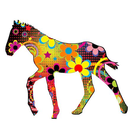 Foal silhouette with multicolored flowers, circles and dots pattern Stock Photo - Budget Royalty-Free & Subscription, Code: 400-09089383