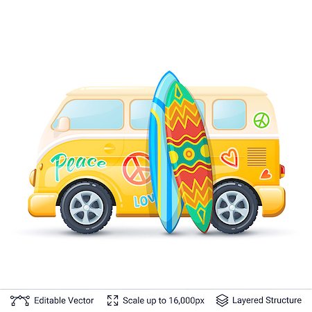 summer vacation van - Retro mini van isolated on white. Vector illustration easy to edit. Foto de stock - Super Valor sin royalties y Suscripción, Código: 400-09089451