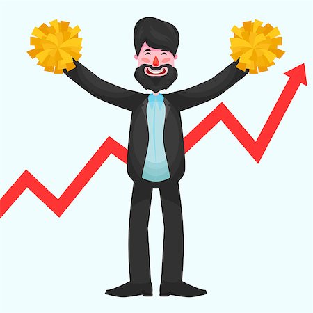 positive attitude cartoon - Bearded team leader is happy standing with yellow pompoms on a white background of red growing graph Stock Photo - Budget Royalty-Free & Subscription, Code: 400-09089618