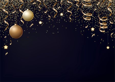 simsearch:400-09089937,k - Vector Christmas background with gold serpentines, glitter, confetty and cristmas balls on a dark background. Stock Photo - Budget Royalty-Free & Subscription, Code: 400-09089643