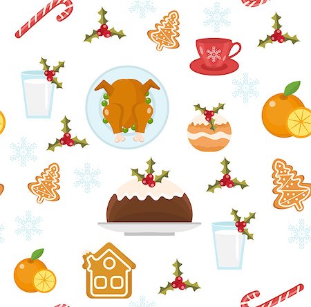 simsearch:400-08814672,k - Christmas seamless pattern with holiday food. Xmas repeating texture, endless background. Paper, wallpaper, fabric. Vector illustration Stock Photo - Budget Royalty-Free & Subscription, Code: 400-09089733