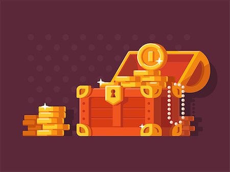 Wooden chest with golden shiny coins. Treasure box, vector illustration Stock Photo - Budget Royalty-Free & Subscription, Code: 400-09089805