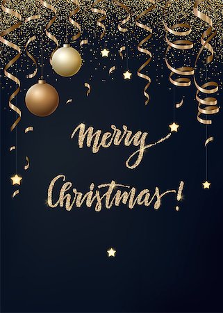 simsearch:400-09089937,k - Vector Christmas background with gold serpentines, glitter, confetty and cristmas balls on a dark background. Stock Photo - Budget Royalty-Free & Subscription, Code: 400-09089935