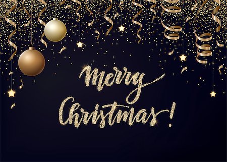 simsearch:400-09089937,k - Vector Christmas background with gold serpentines, glitter, confetty and cristmas balls on a dark background. Stock Photo - Budget Royalty-Free & Subscription, Code: 400-09089936