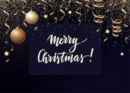 Vector Christmas background with gold serpentines, glitter, confetty and cristmas balls on a dark background. Stock Photo - Budget Royalty-Free & Subscription, Code: 400-09089937