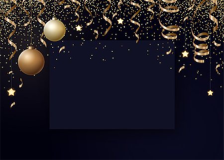 simsearch:400-09089937,k - Vector Christmas background with gold serpentines, glitter, confetty and cristmas balls on a dark background. Stock Photo - Budget Royalty-Free & Subscription, Code: 400-09089938