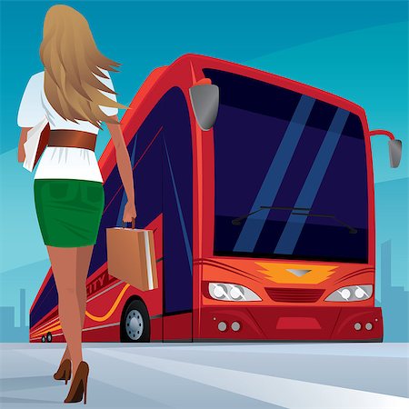 doubledecker - Beautiful young adult woman in a short skirt walks slowly to red modern passenger bus. In case one hand, and the other a sheaf of papers Stock Photo - Budget Royalty-Free & Subscription, Code: 400-09089965