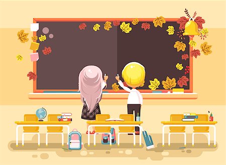 Stock vector illustration back to school cartoon characters schoolboy schoolgirl apprentices studying in empty classroom standing at staple with textbooks pupils write blackboard flat style background. Photographie de stock - Aubaine LD & Abonnement, Code: 400-09080125