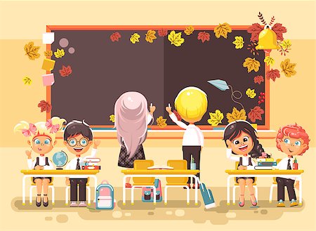 Stock vector illustration back to school cartoon characters schoolboy schoolgirls write on blackboard pupils apprentices studying in classroom sitting at staple with textbooks on flat style background. Photographie de stock - Aubaine LD & Abonnement, Code: 400-09080126