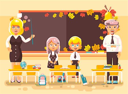 Stock vector illustration back to school cartoon characters schoolboy schoolgirls pupils apprentices teachers studying in classroom sitting at staple with textbooks on background blackboard flat style. Photographie de stock - Aubaine LD & Abonnement, Code: 400-09080127