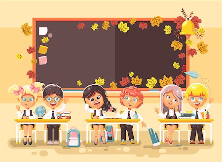 Stock vector illustration back to school cartoon characters schoolboy schoolgirls pupils apprentices studying in classroom happy classmates sitting at staple on autumn blackboard background flat style. Stock Photo - Budget Royalty-Free & Subscription, Code: 400-09080130