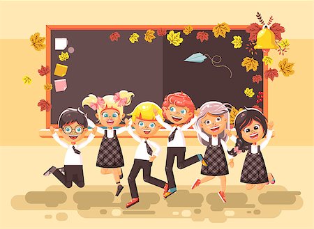 Stock vector illustration back to school cartoon characters schoolboys schoolgirls pupils apprentices happy classmates jumping in classroom at autumn blackboard September background flat style Stock Photo - Budget Royalty-Free & Subscription, Code: 400-09080131