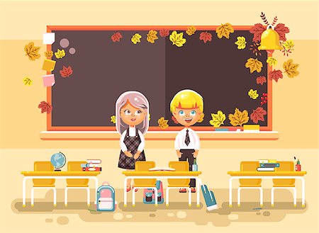 Stock vector illustration back to school cartoon two characters schoolboy and schoolgirl standing alone in empty classroom at staple with textbooks pupils near blackboard flat style autumn background. Photographie de stock - Aubaine LD & Abonnement, Code: 400-09080132