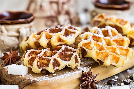 Homemade liege belgian waffers with sugar pearls and coffee on old wooden background Stock Photo - Budget Royalty-Free & Subscription, Code: 400-09080296